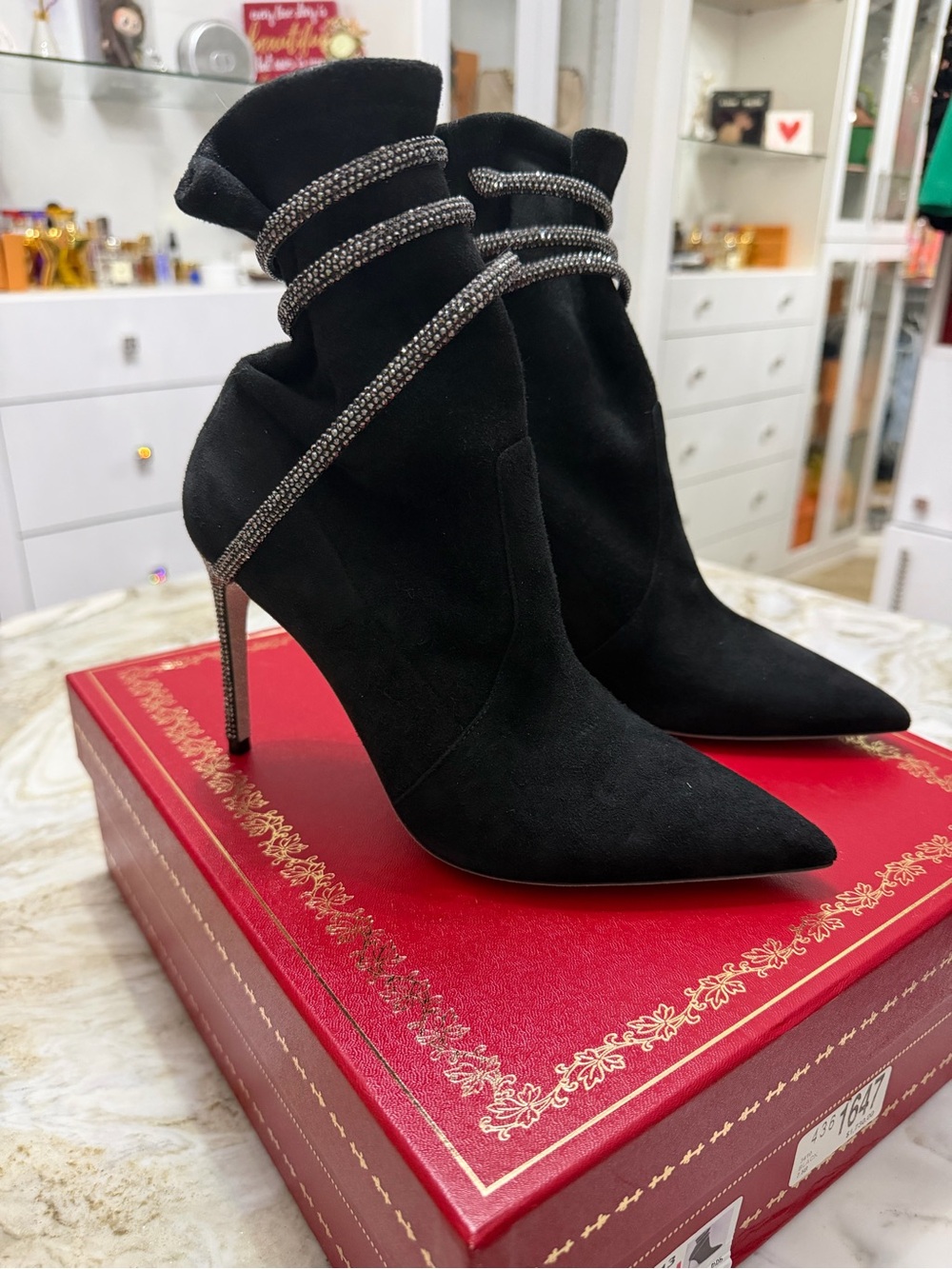 Rene Caovilla Black Suede Pointed Crystal-Trim Stiletto Ankle Boots